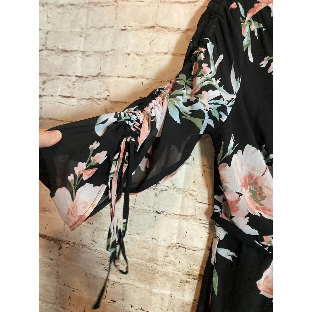 Luxology Dress Womens 14 Dark Romantic Floral Belted Cinched Sleeves Tropical - Picture 12 of 12